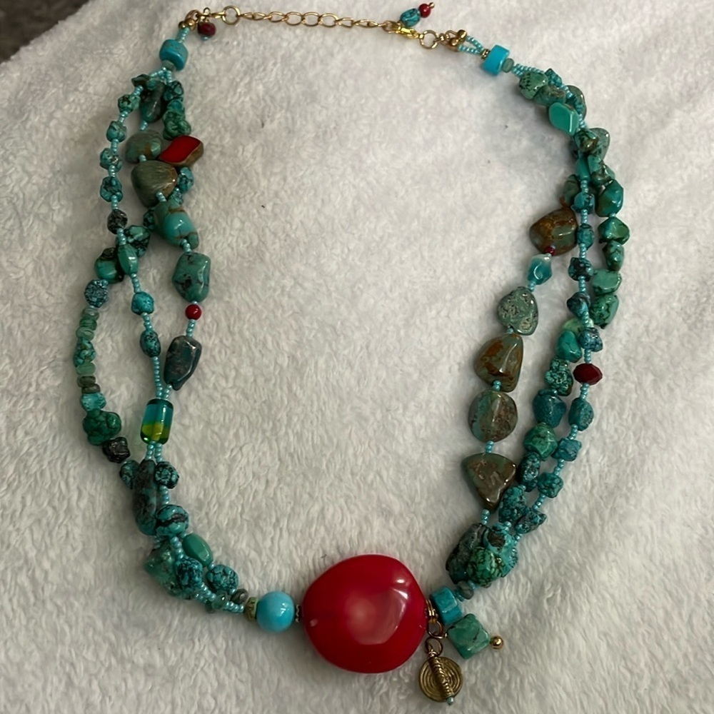 Antique rare Turquoise and coral 3 strand Beaded Necklace